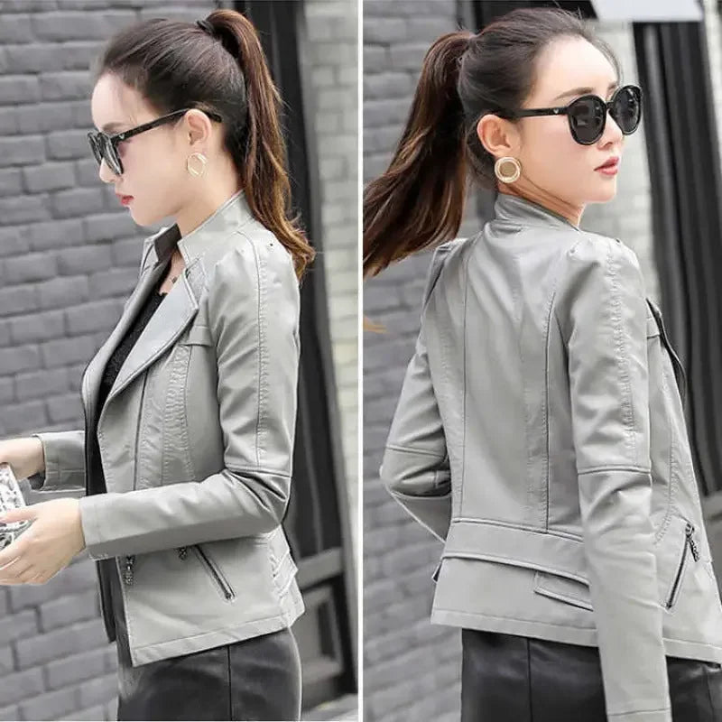 Motorcycle Leather Jacket Large Coat Woman Pi-Mart