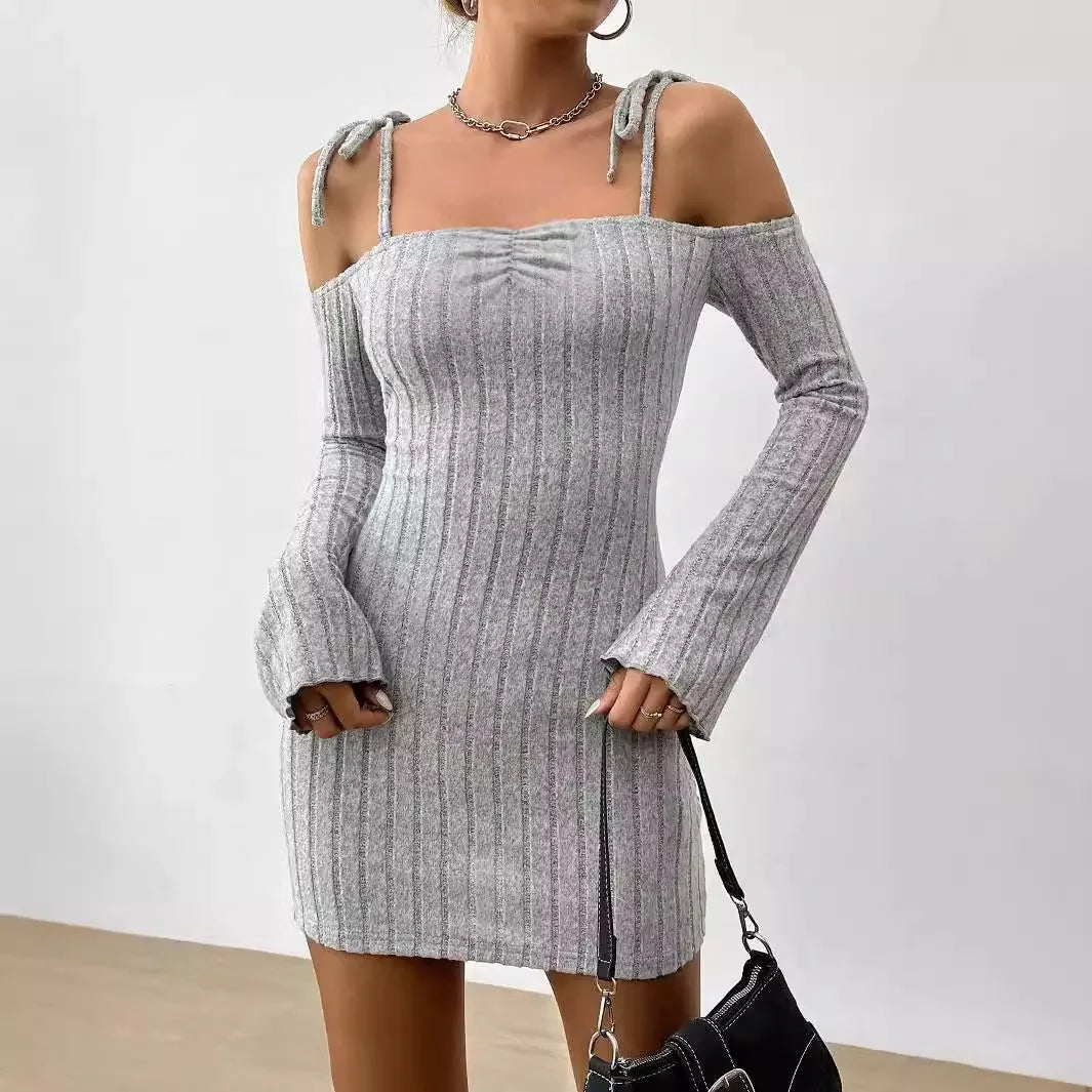 Women Clothing Adult Lady like Woman Lightly Mature Strap Sling Dress Autumn Winter Boat Collar Elegant Slim Fit Bella Mia