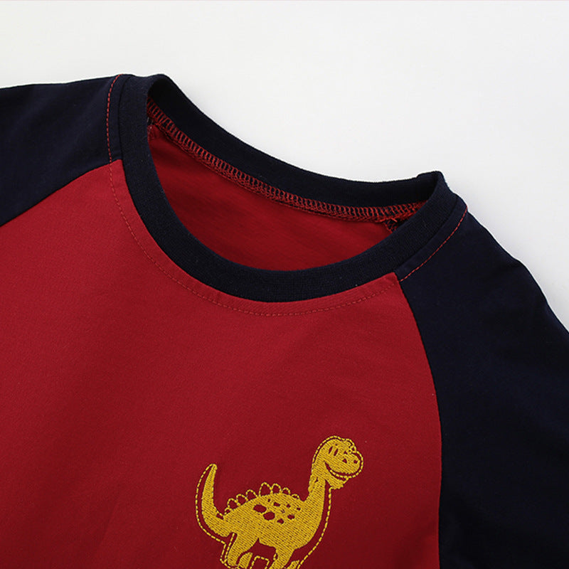 Autumn and Spring Arrival Animals Cartoon Pattern Long Sleeves Color Patchwork Top for Stylish Boys