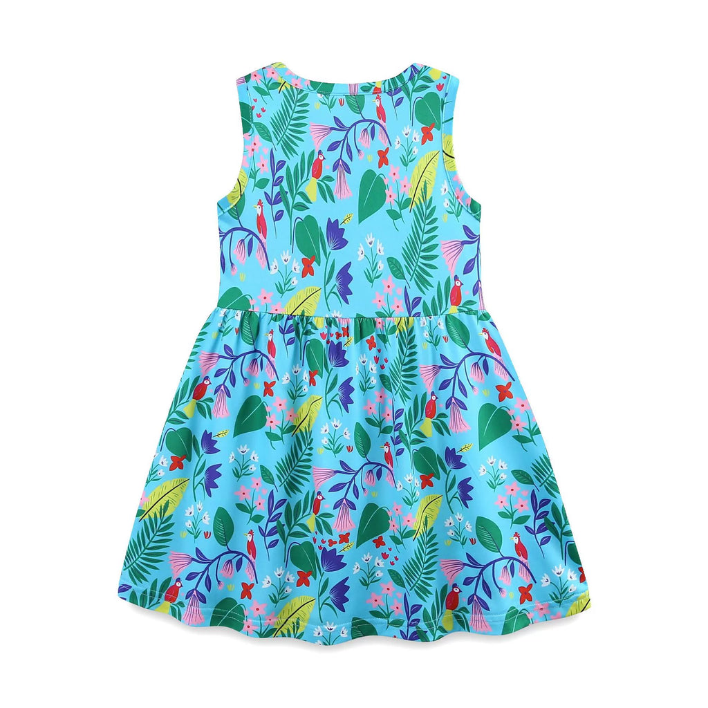 Summer Arrival Leaves and Animals Pattern Sleeveless Dress for Stylish Girls