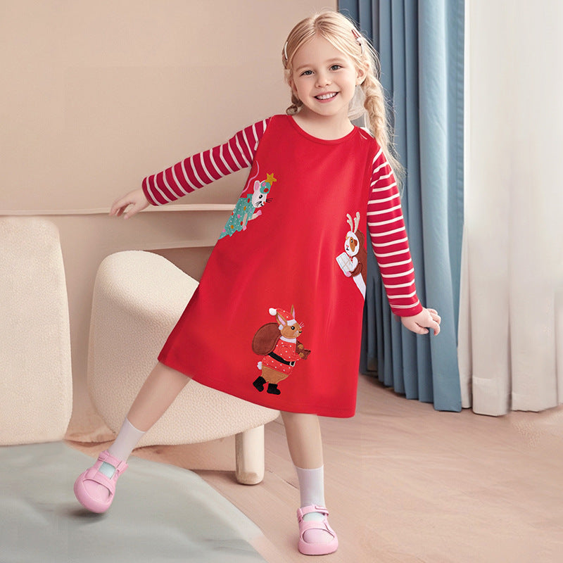 Autumn and Spring Christmas Cartoon and Striped Pattern Long Sleeves Dress