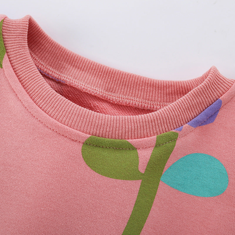 Spring and Autumn Girls Floral Pattern Long Sleeves Pullover and Blue Pants Clothing Set