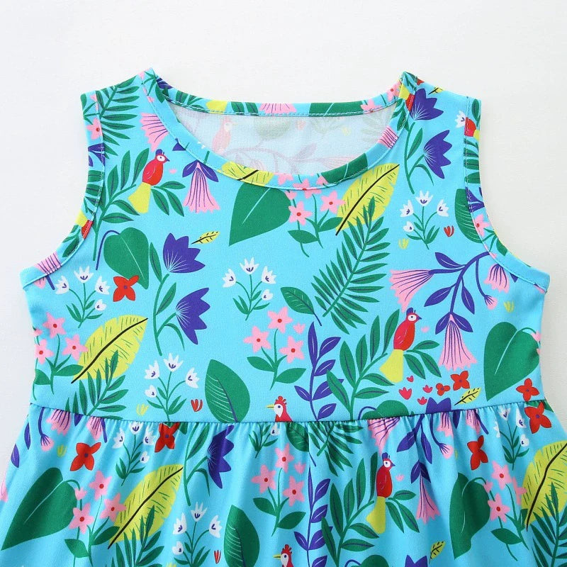 Summer Arrival Leaves and Animals Pattern Sleeveless Dress for Stylish Girls