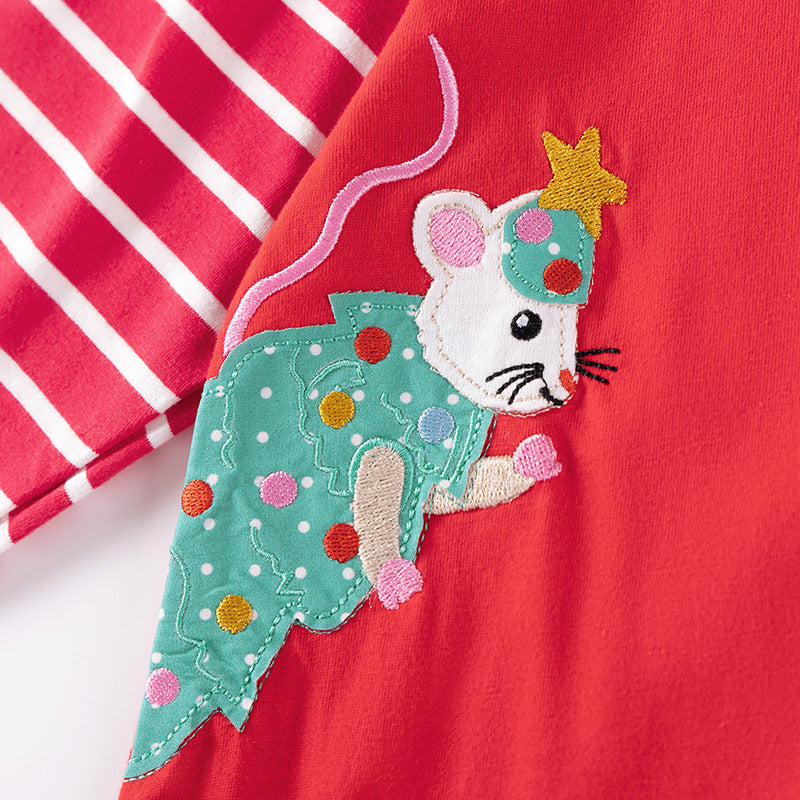 Autumn and Spring Christmas Cartoon and Striped Pattern Long Sleeves Dress