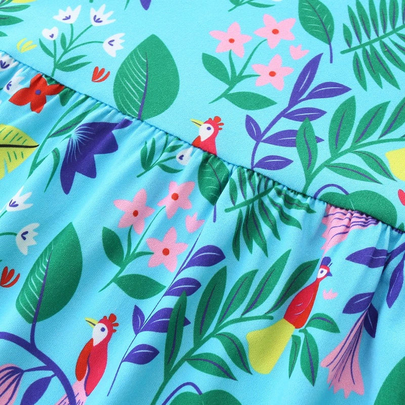 Summer Arrival Leaves and Animals Pattern Sleeveless Dress for Stylish Girls