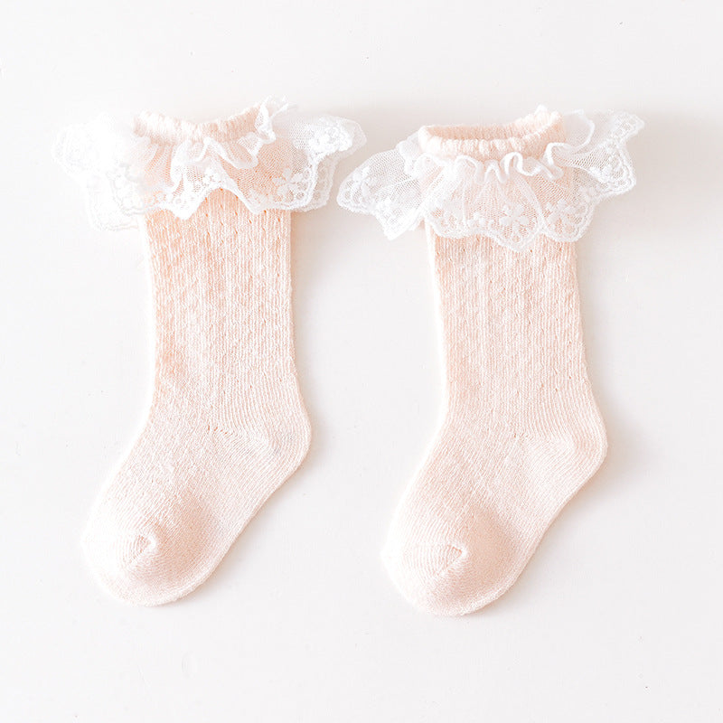 Baby Girl Solid Color Mesh Patched Design Lace Socks