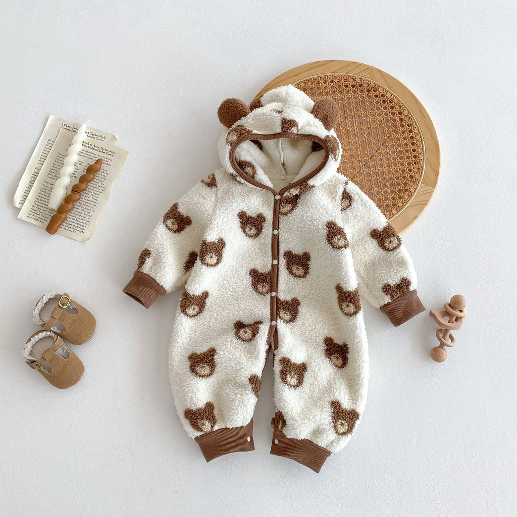 Winter Arrival Baby Cute Teddy Hooded Design Warm Fleece Rompers