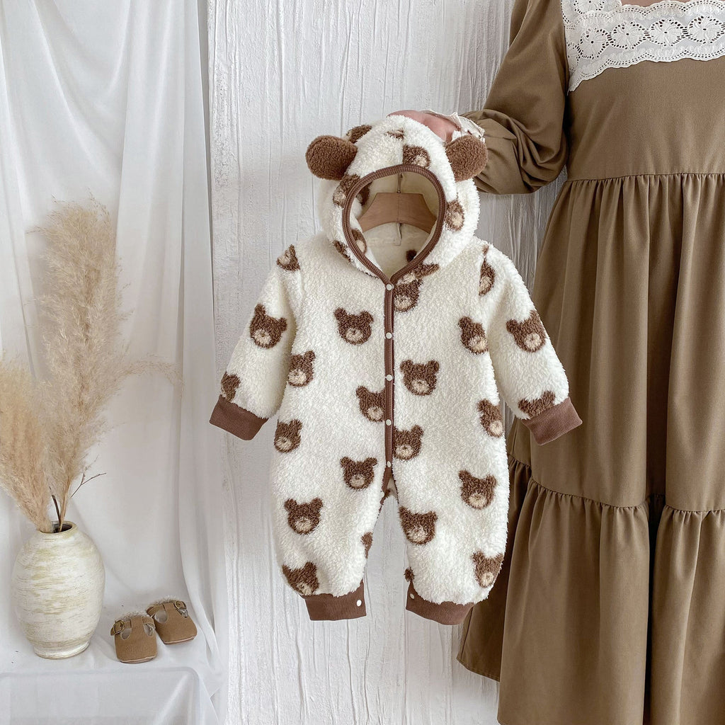 Winter Arrival Baby Cute Teddy Hooded Design Warm Fleece Rompers