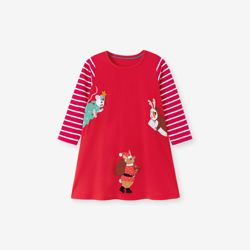 Autumn and Spring Christmas Cartoon and Striped Pattern Long Sleeves Dress